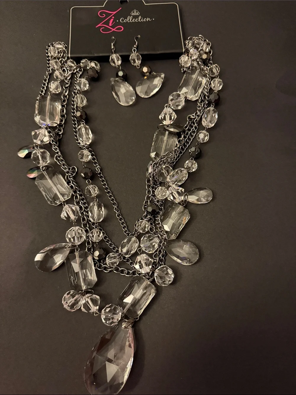 IC COLLECTION Clear Crystal Multi-Strand Statement Necklace and Earring Set
